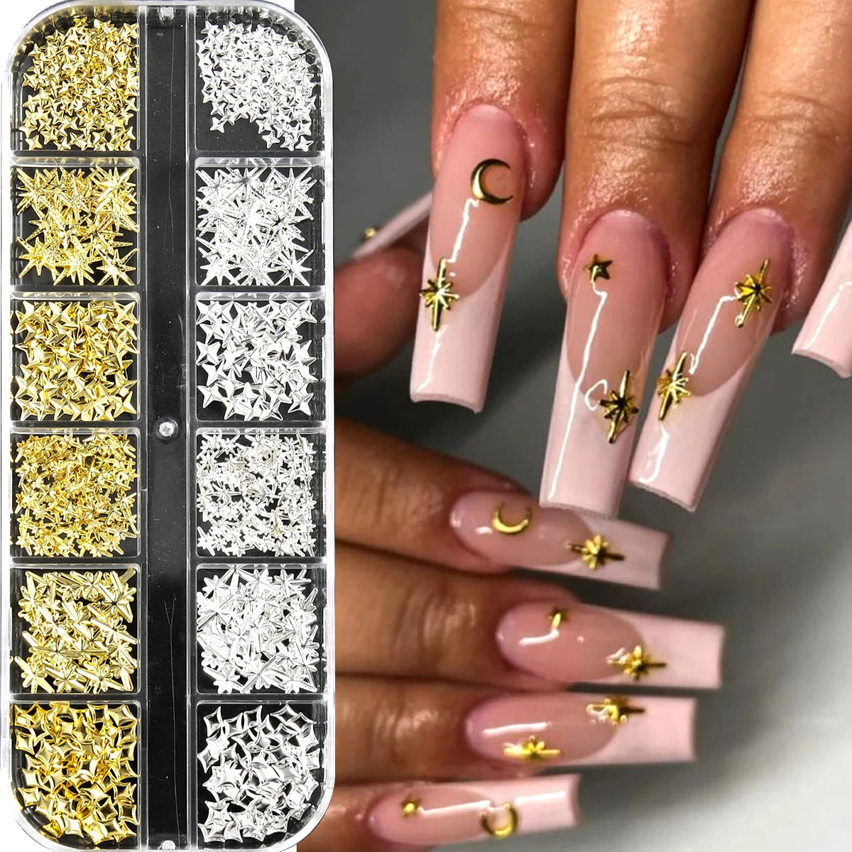 6/12Grids Gold Star Moon Metallic Rivet 3D Nail Charms Alloy Sun Moon Starlight Rhine alternate view