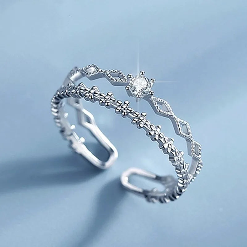 VENTFILLE 925 Sterling Silver Flower Lace Ring Korean Fashion Opening Inlaid CZ Adjustable Rings Val