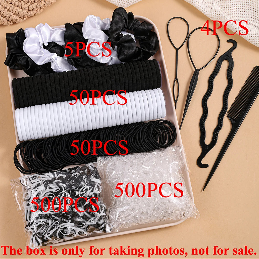 Women Dark Hair Set Elastic Seamless Ponytail Scrunchies Small Rubber Bands Hair Ties close-up view