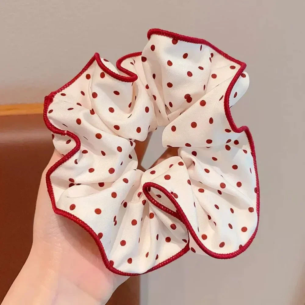 2/3pcs High End Red Cute Dot Plaid Scrunchies for Women Girls Soft Elastic Hair Ties G close-up view