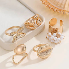 Fashionable Punk Style Exaggerated lip Butterfly Pearl Fish Tail Ring Gold Set, Suitab close-up view
