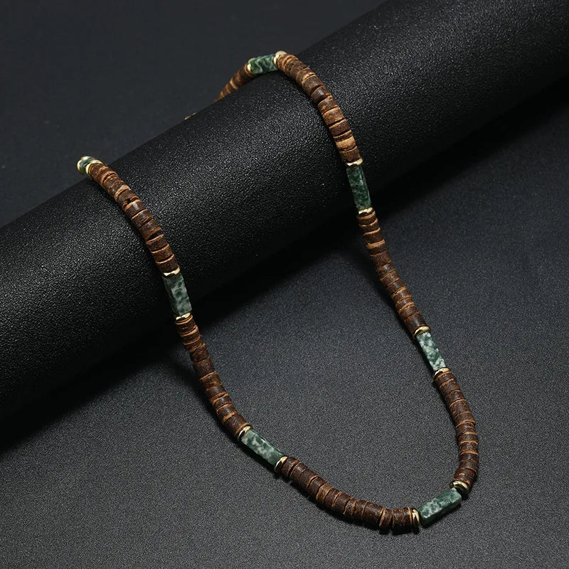 Vintage Boho Natural Stone Necklace for Couples | Brown Coconut Shell Bead Choker alternate view