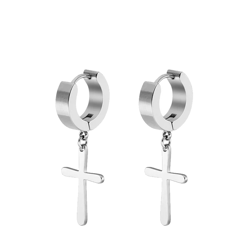 2pc Stainless Steel Men Cross Stars Punk Dangle Earrings Gothic Woman Cross Ear Hoop E close-up view