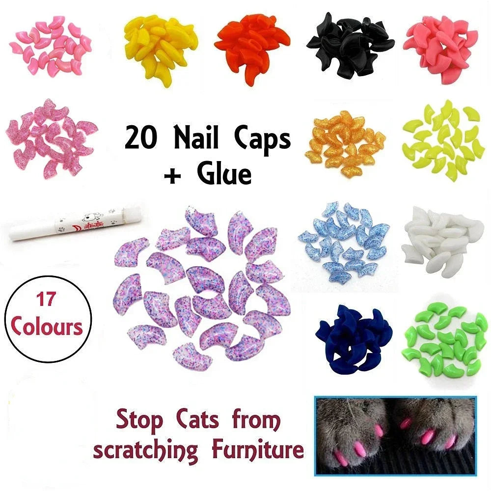 Lovely 20pcs Silicone Soft Cat Nail Caps Cat Nail Covers Pet Claw Paws Caps Adhesive Glue Animal Pro