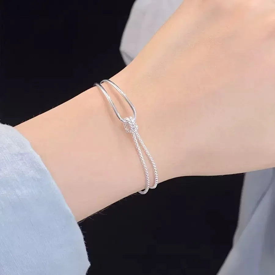 925 Sterling Silver Bracelet | Light Luxury Minimalist Half-Bangle Half-Chain Jewelry detail view