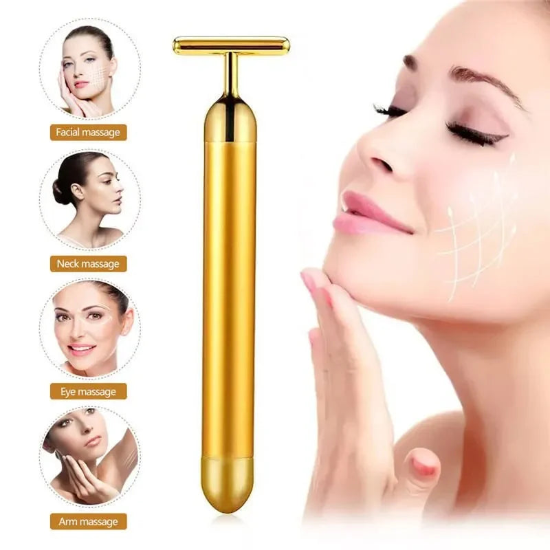 24K Electric Face-Lifting Rose Gold Stick T-Shaped Facial Massager | Skin Tightening Bea detail view