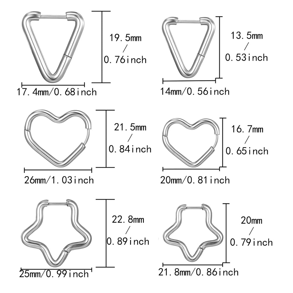 2pcs/1Pairs Stainless Steel Women Men Ear Stud Triangle Heart Star Circle Hoop Earr additional angle