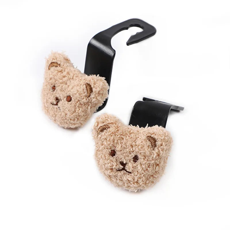 2PCS Cute Cartoon Bear Car Seat Back Hooks Storage Vehicle Headrest Organizer Hanger for Groceries Bag Handbag Car Decoration