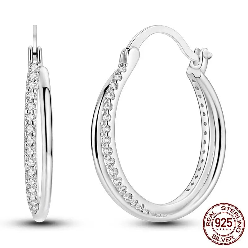 Luminous Shell Women Earrings Original 925 Sterling Silver Pave CZ Star Moon Hoop E additional angle