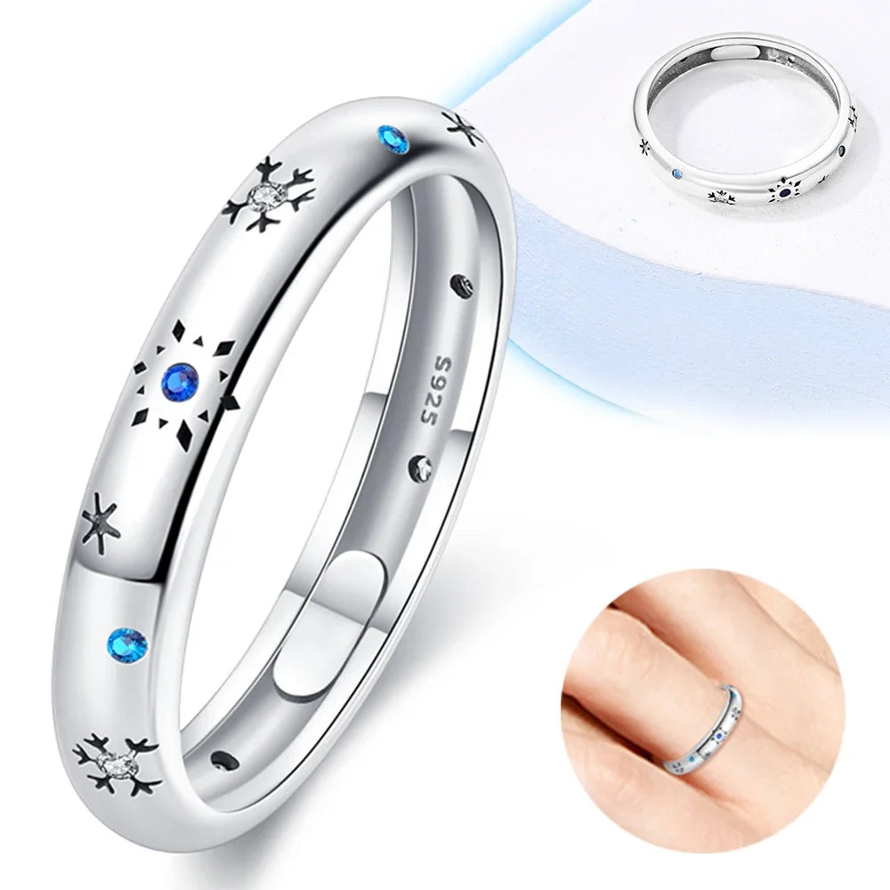 Women Ring 925 Sterling Silver Blue Zircon Snowflake Ring Winter Christmas Wedding Party detail view