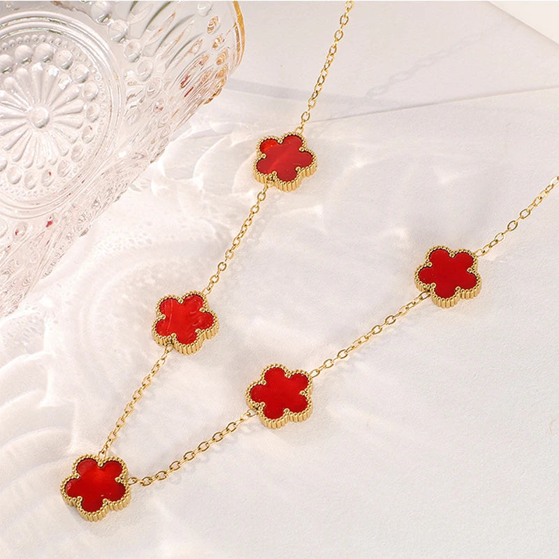 14K Gold Plated Stainless Steel Necklace Woman Five Leaf Petals Double Sided Necklace alternate view
