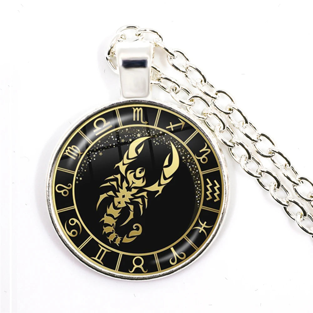 12 Constellation Zodiac Pendant Necklace | Antique Bronze Glass Dome Jewelry close-up view
