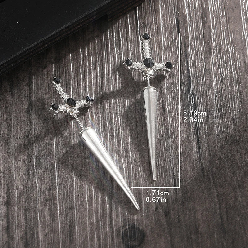 Gothic Kinitial Sword Earrings Vintage Cool Punk Crystal Ear Jacket Goth Dagger Earrings detail view
