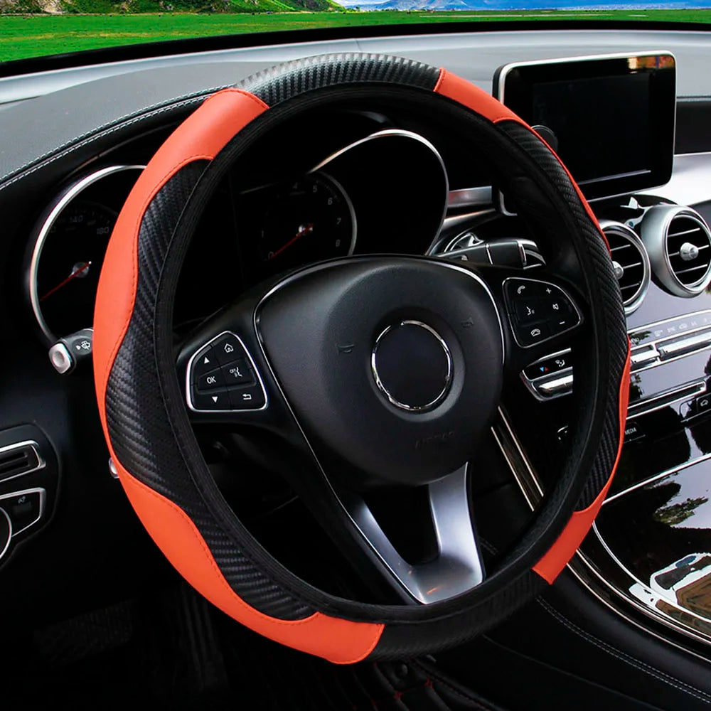 PU Carbon Fiber Leather Car Steering Wheel Cover | 14.5-15 Inch Grip Enhancer lifestyle view
