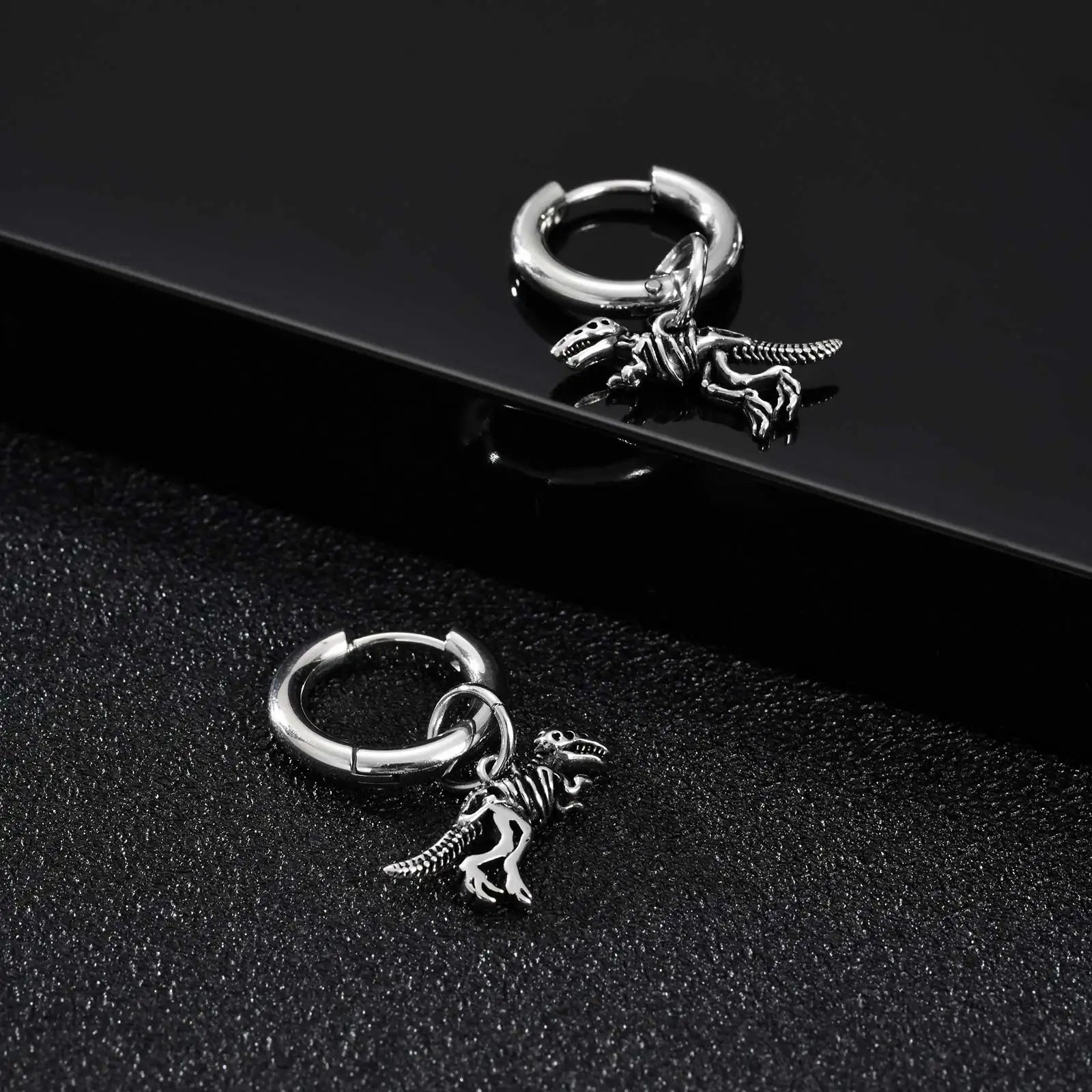 Dinosaur Drop Earrings | Stainless Steel Punk Rock Jewelry for Men and Women lifestyle view