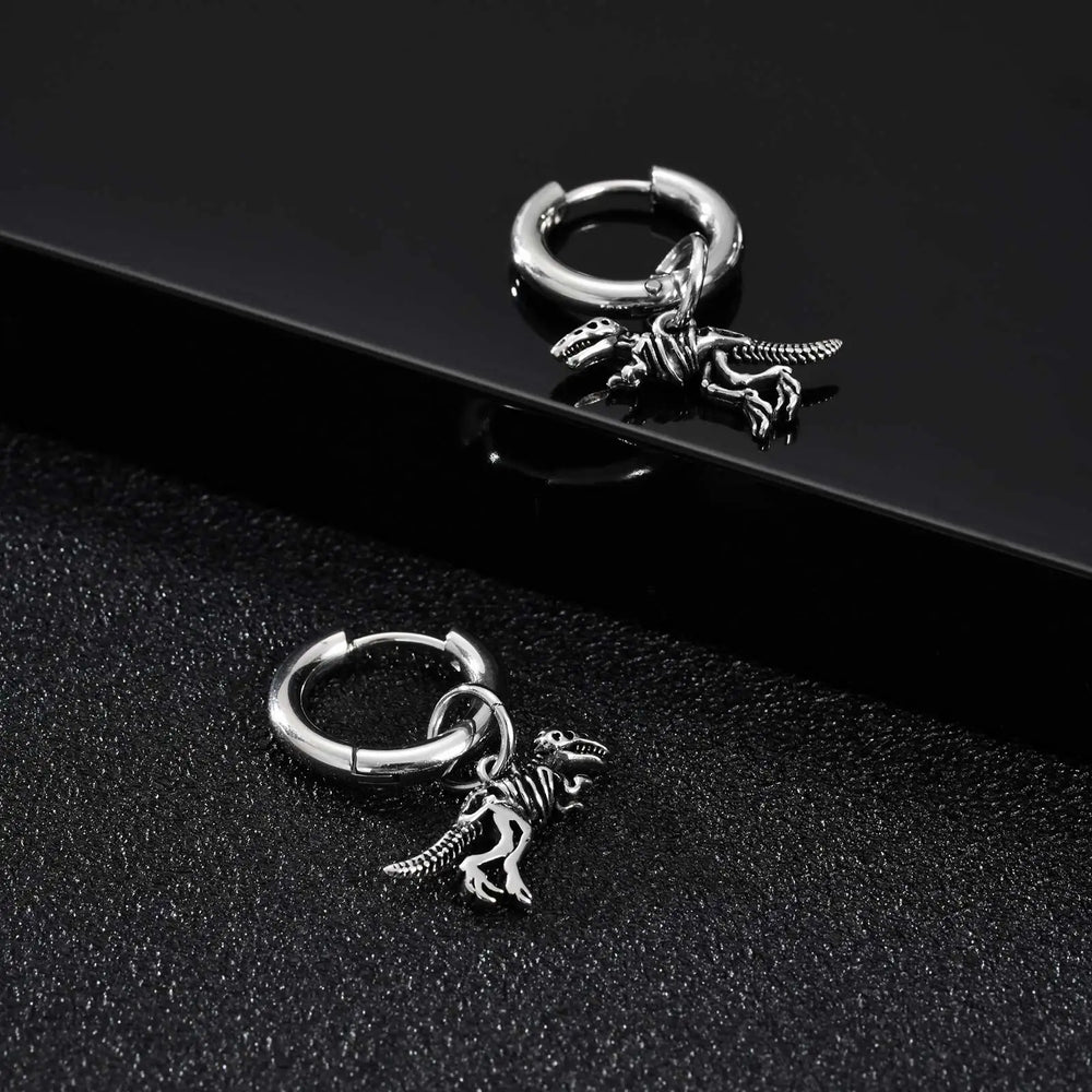 Dinosaur Drop Earrings | Stainless Steel Punk Rock Jewelry for Men and Women lifestyle view