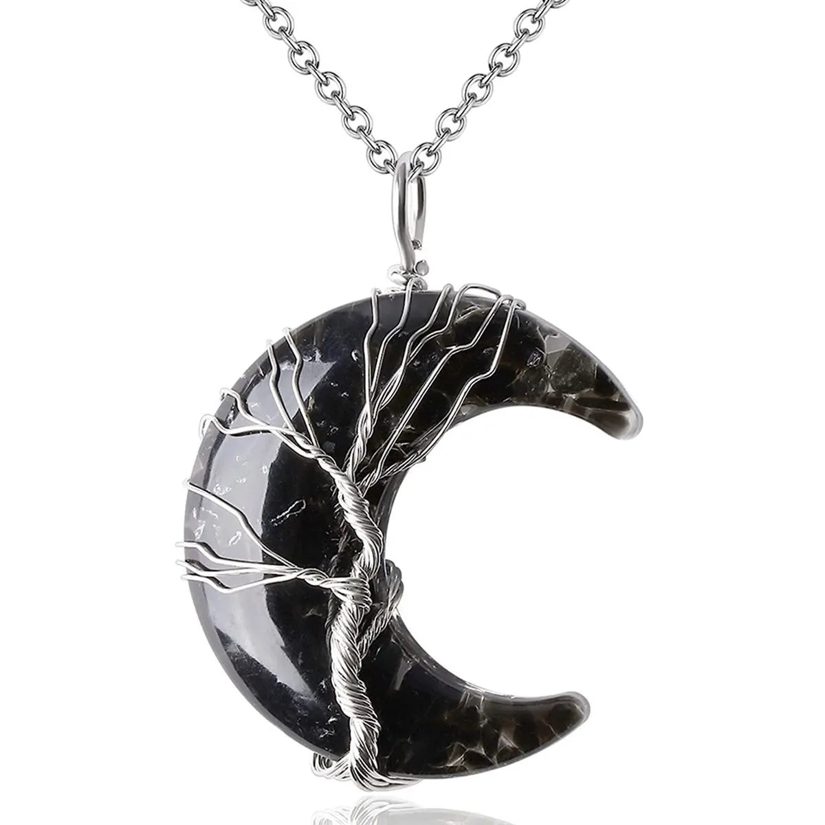 Tree of Life Necklace Wire Wrapped Crescent Moon Stone Pendant Necklaces 7 Chakra Heal close-up view