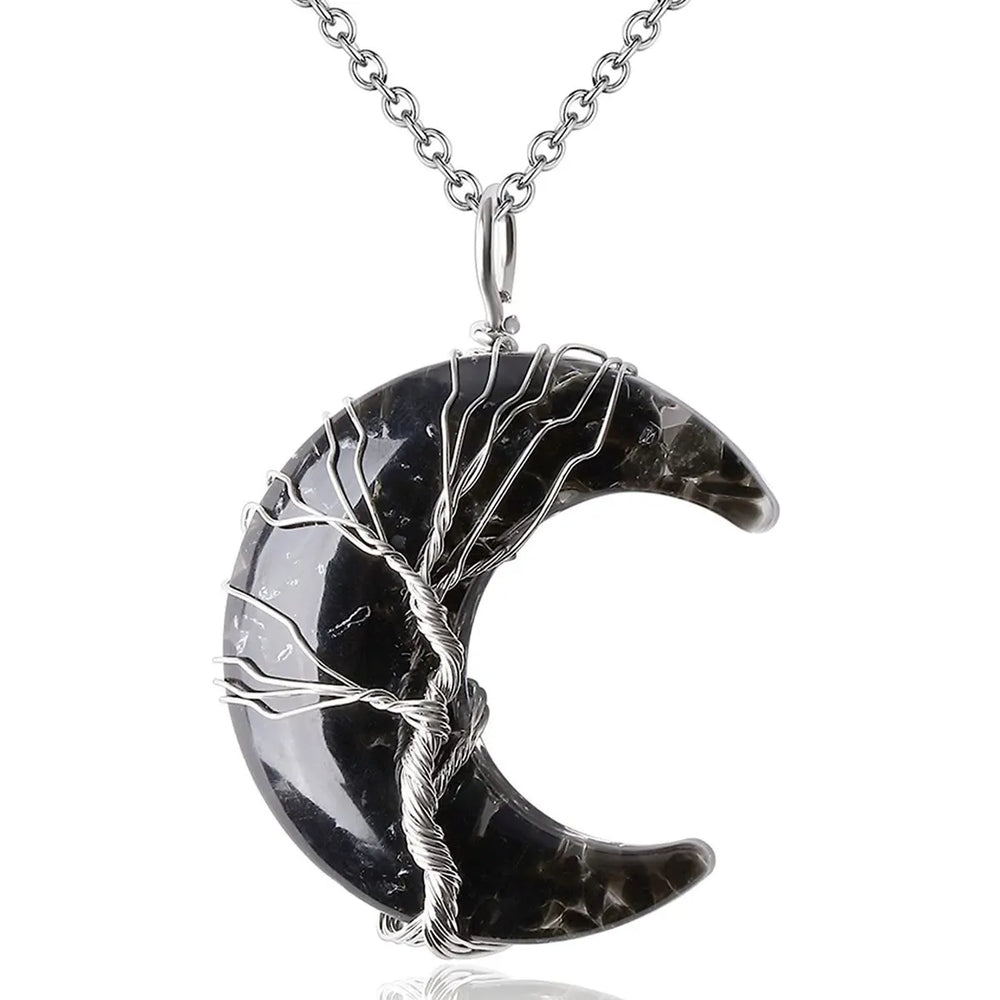 Tree of Life Necklace Wire Wrapped Crescent Moon Stone Pendant Necklaces 7 Chakra Heal close-up view