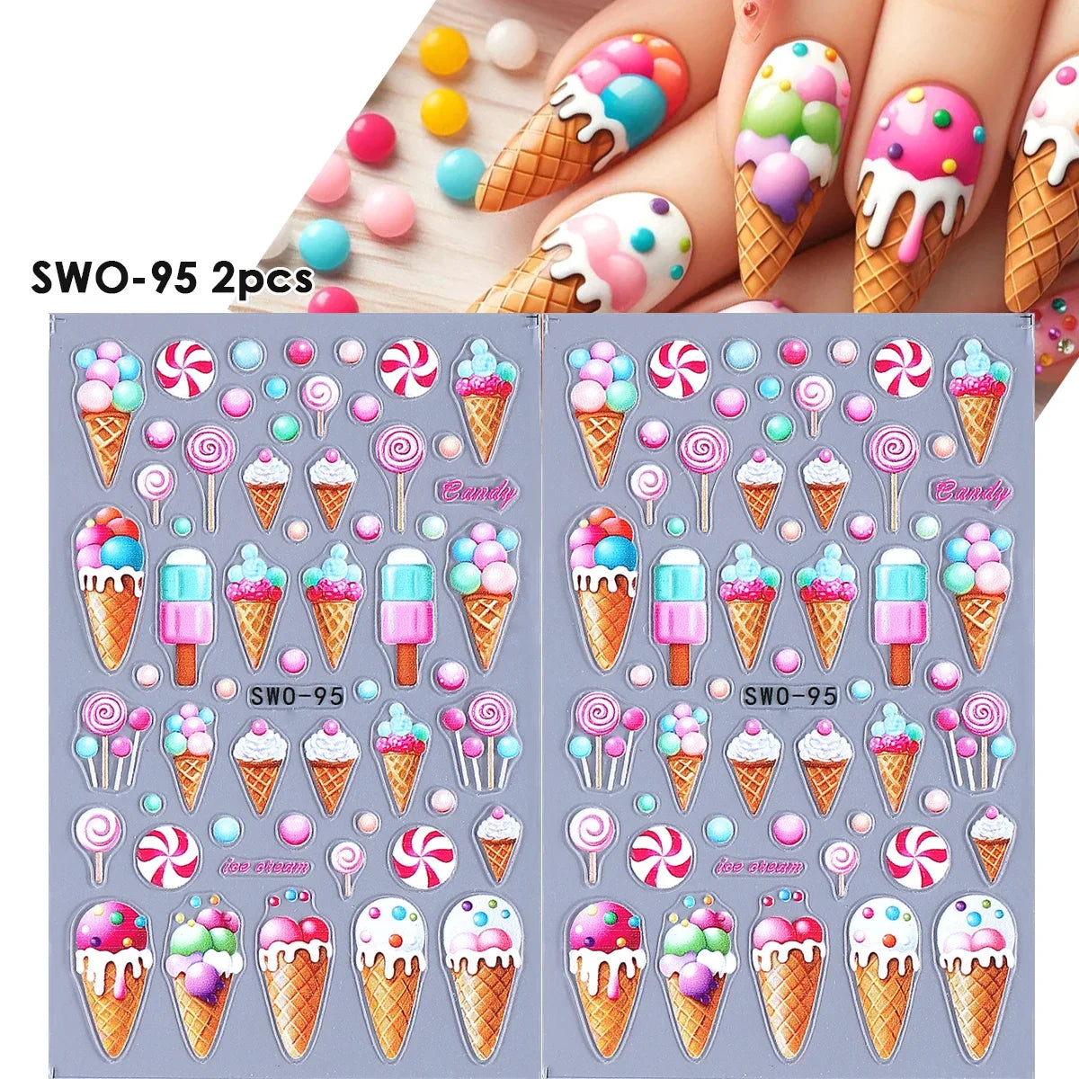 2pcs Sweet Element Nail Art Stickers Simple Flower Heart Cherry Strawberry Kawaii Deca close-up view