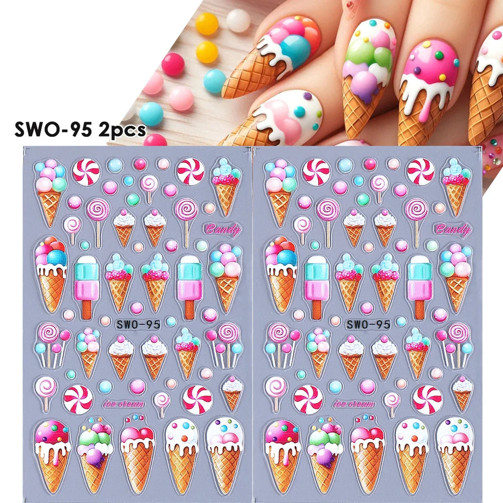 2pcs Sweet Element Nail Art Stickers Simple Flower Heart Cherry Strawberry Kawaii Deca close-up view