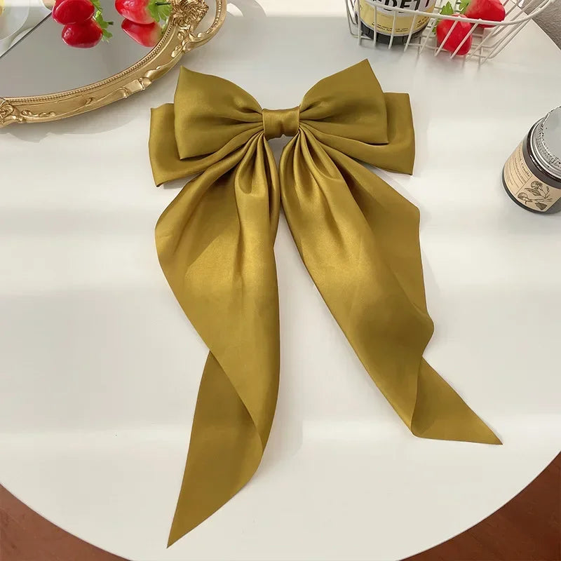 Korean Accessories Hair Clips for Women Girls Big Bowknot Solid Satin Long Ribbon Bow lifestyle view