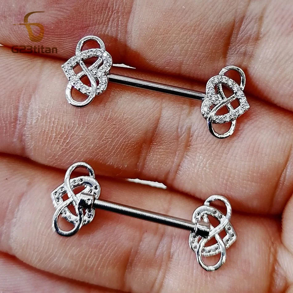 G23titan 2pcs Infinity Love Heart Nipple Piercing Ring 14G Surgical Titanium Barbell I close-up view