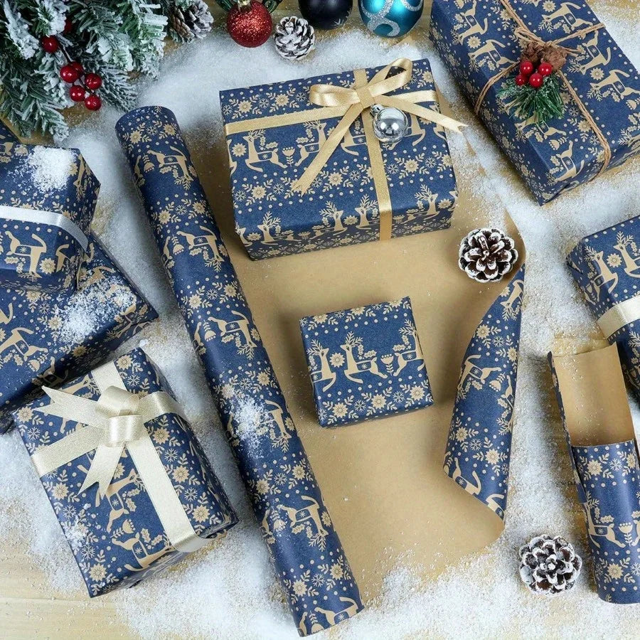 Navy Blue Kraft Christmas Wrapping Paper Roll | Snowflake, Floral and Reindeer Design lifestyle view