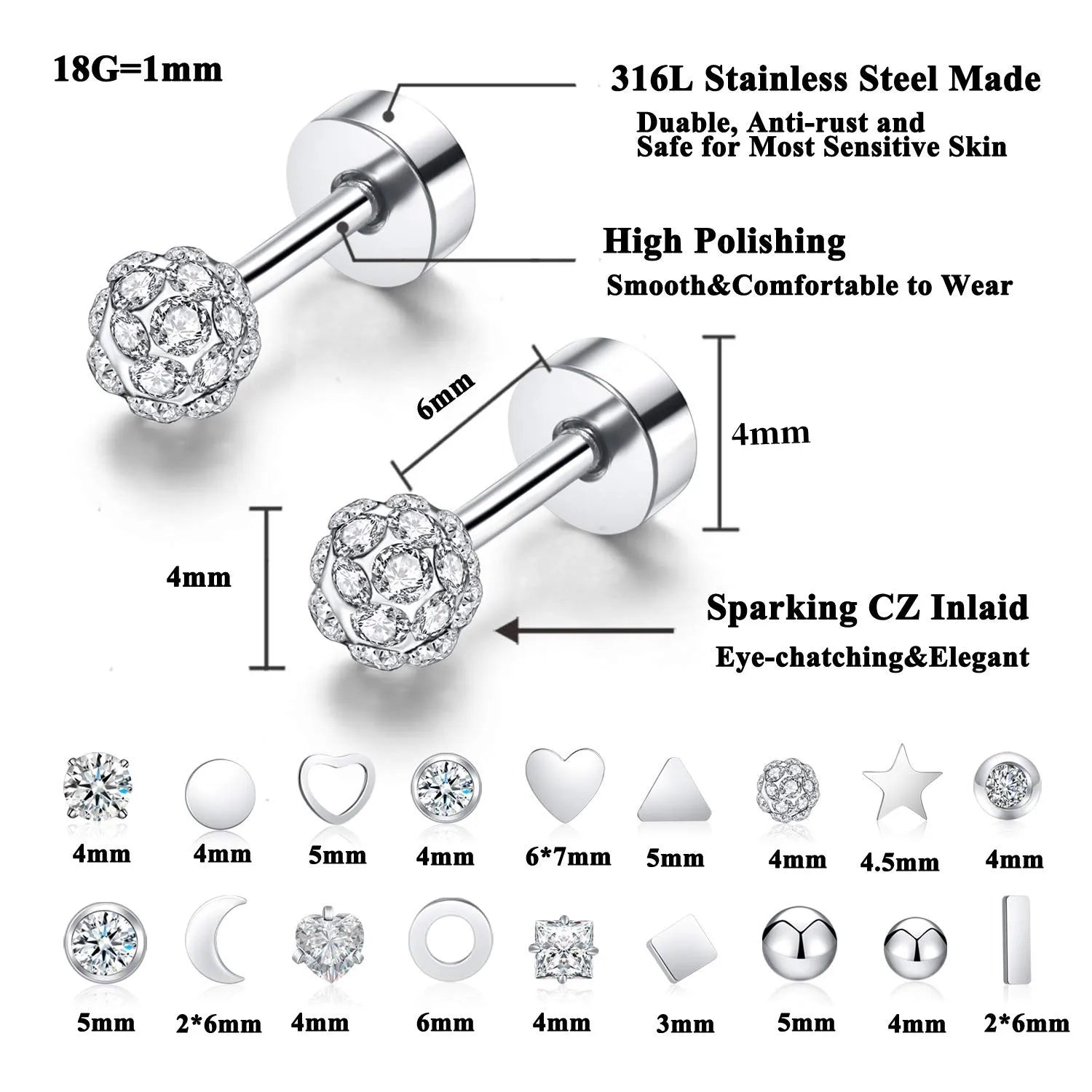 18 Pairs 14K Gold Plated Surgical Steel Screw Flat Back Stud Earrings Tiny Cartilag additional angle
