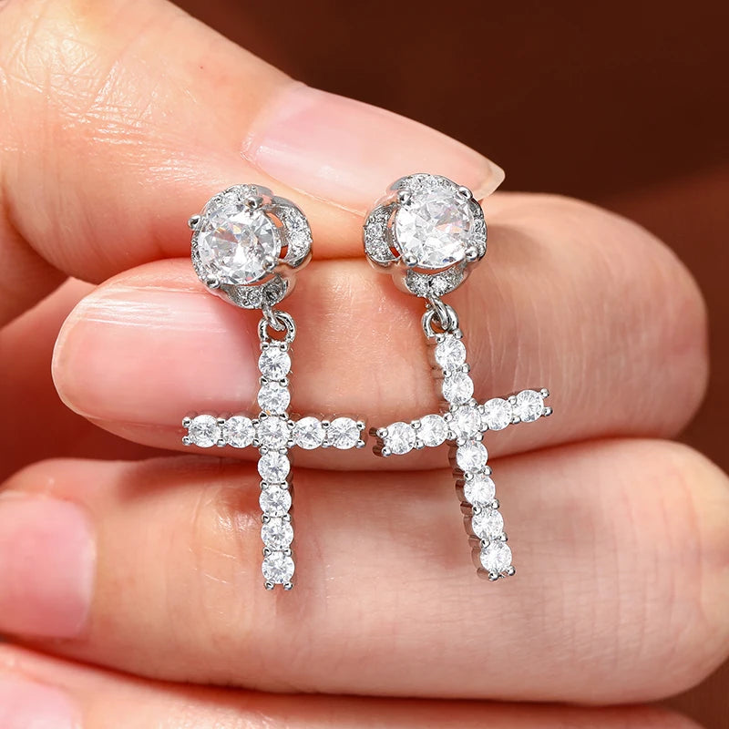 Punk Gold/Silver Cross Stud Earrings | Hip Hop Rhinestone Piercing Ear Accessories lifestyle view