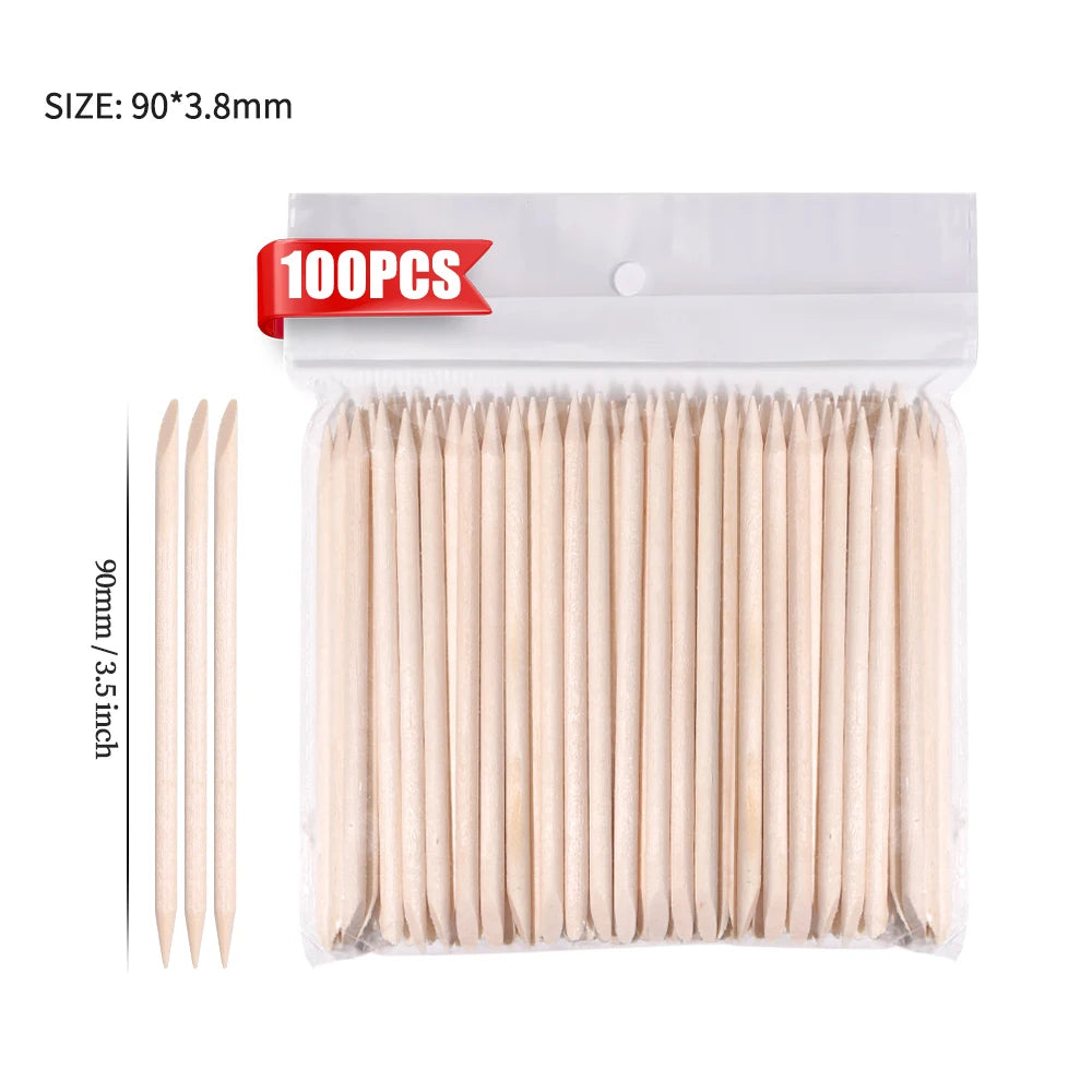 100PCS Cuticle Pusher Remover Nail Art Tools Beechwood Stick Sticks Rhinestones Picker B detail view