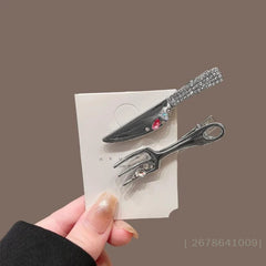 ⚑1/2Pcs Metal Silver Knife Fork Designs Hair Clip Color Rhinestones Hairpin Y2k Sweet Cool Girl Personality Hair Accessories