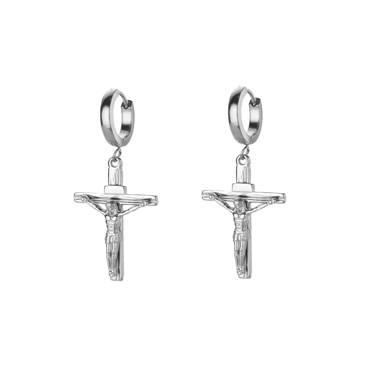 18K Gold Plated Portrait Coin Earrings | Stainless Steel Jesus Cross Dangle Huggie Ear close-up view