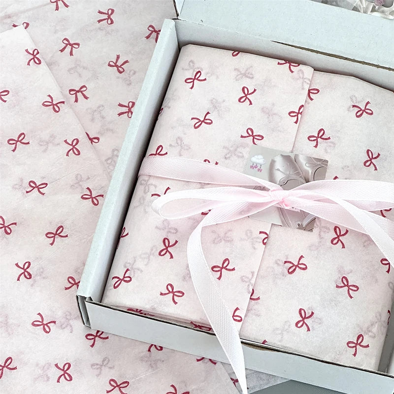 10 Pink Bow Snow Pear Wrapping Paper Sheets | Handmade Flower Bouquet Packaging close-up view