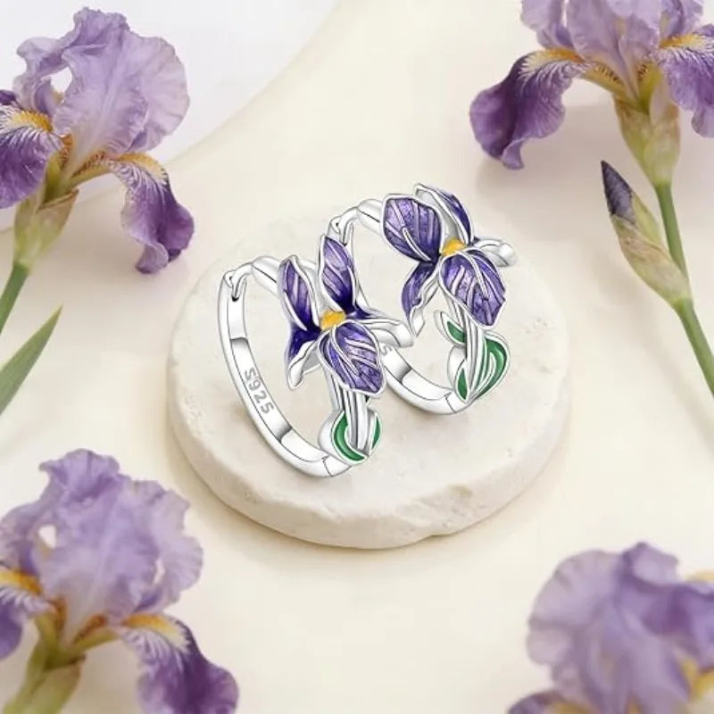 925 Sterling Silver Flower and Plant Series Purple Iris Earrings Exquisite Wedding Party detail view