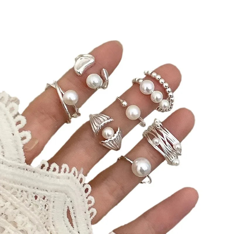 PANJBJ 925 Sterling Silver Pearl Irregular Ring for Women Shell Overlapping Hollow Sw lifestyle view