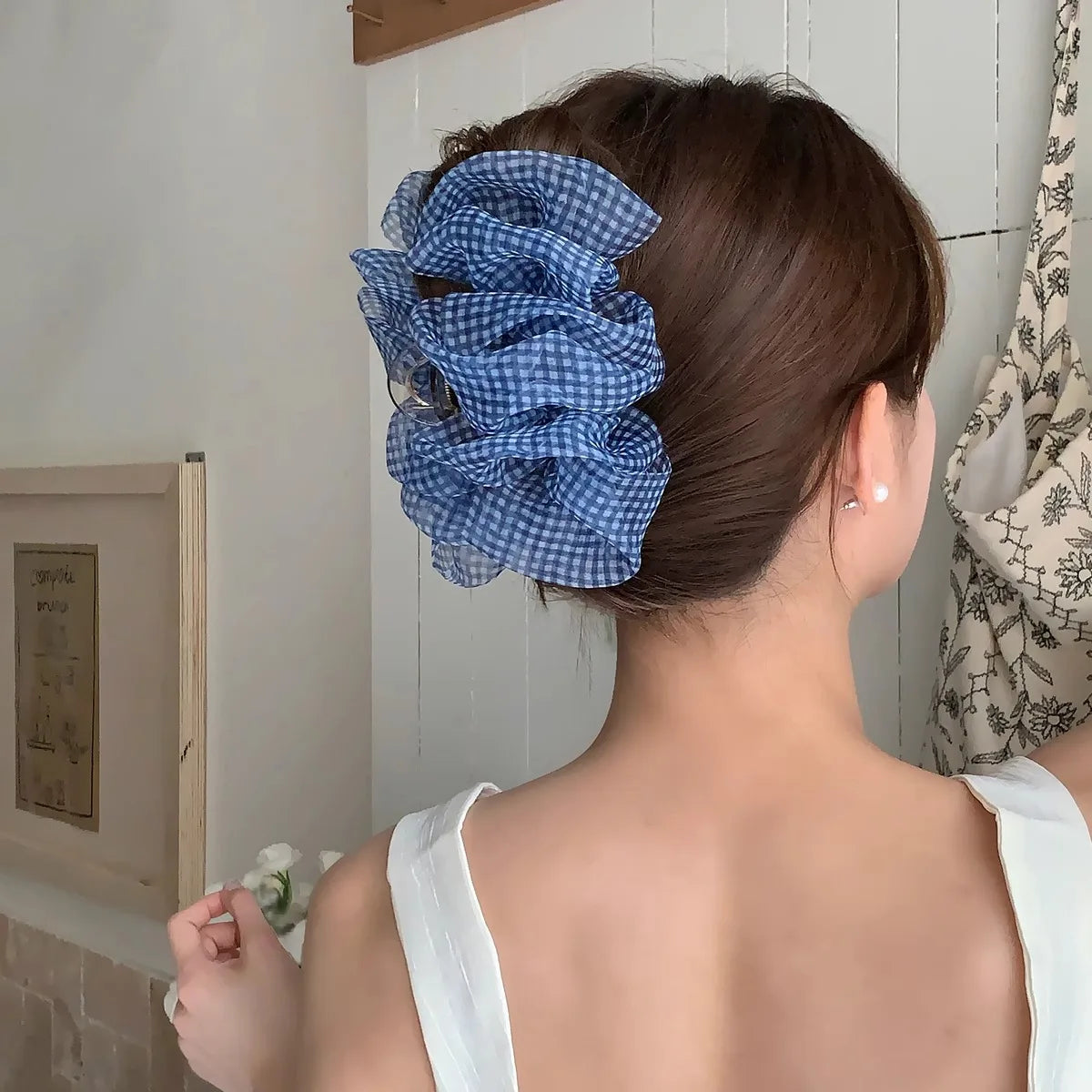 Plaid Blue Seersucker Hair Clip for Woman Elegant Temperament Shark Clip Fashion Girl Back of The Head Ponytail Clip Hair Clamp