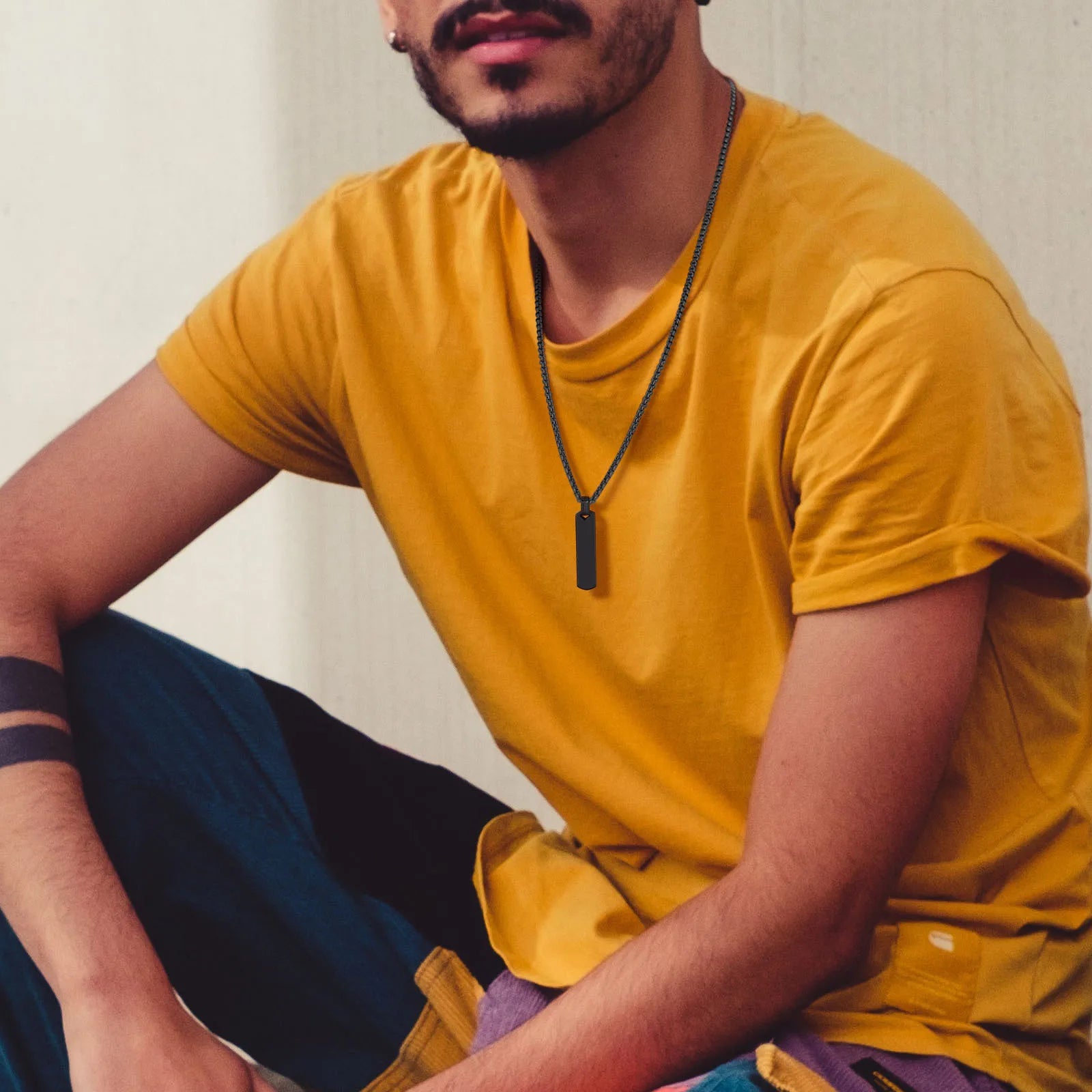 Initial Bar Necklace for Men | Thick Geometric Vertical Pendant with A-Z Letters close-up view