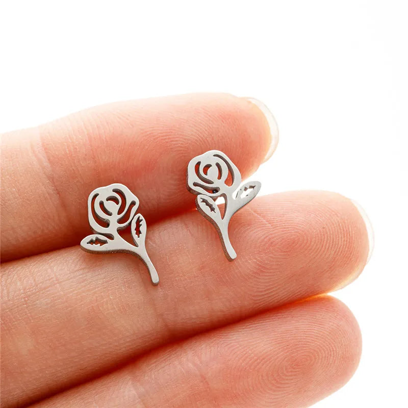Multiple Stainless Steel Flower Stud Earrings Women Korean Daisy Mandala Rose Lotus E lifestyle view