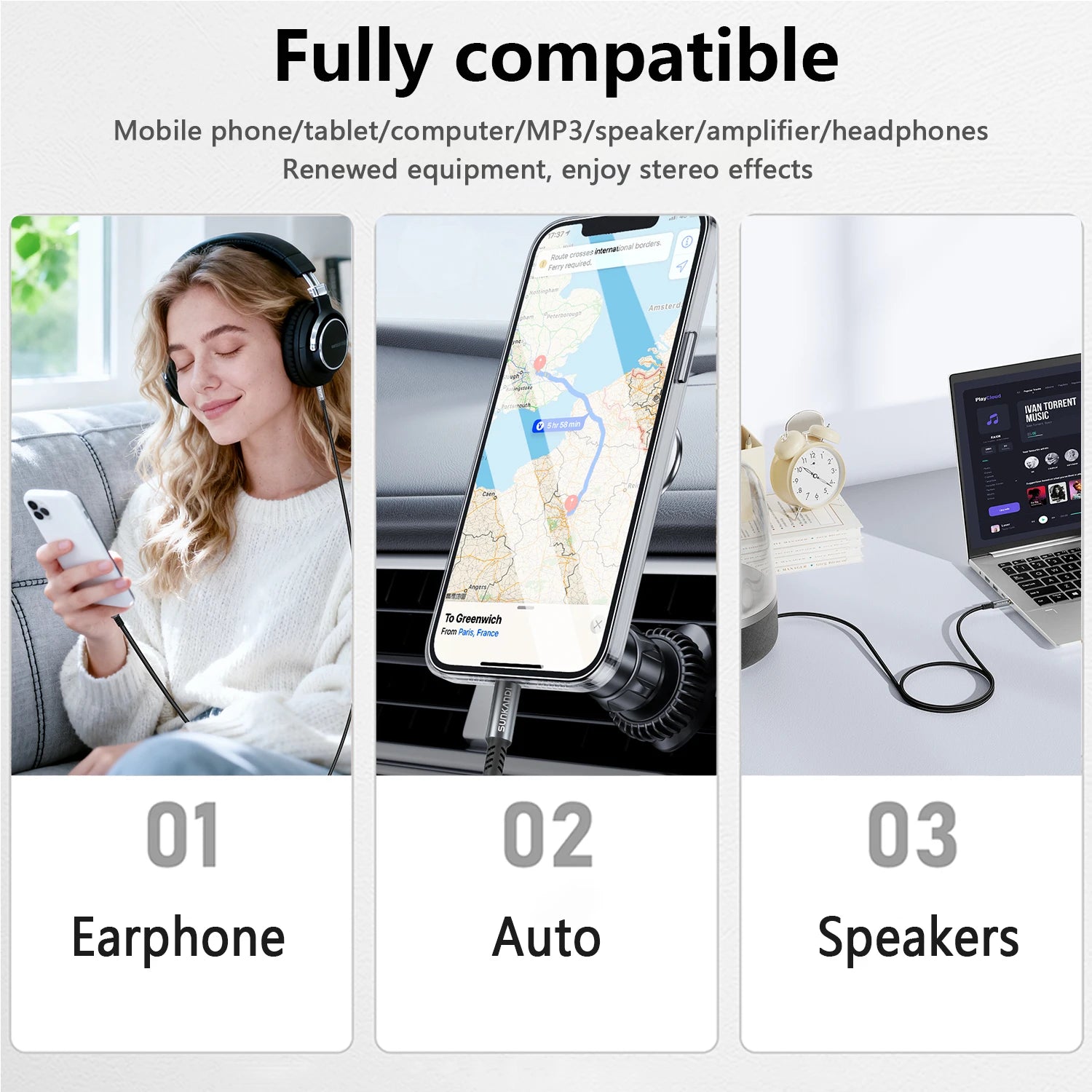 SUNKANDI 3.5mm Aux Cord, 3.5mm Male to Male Stereo Audio Cable for Car,Headphones,Sma lifestyle view