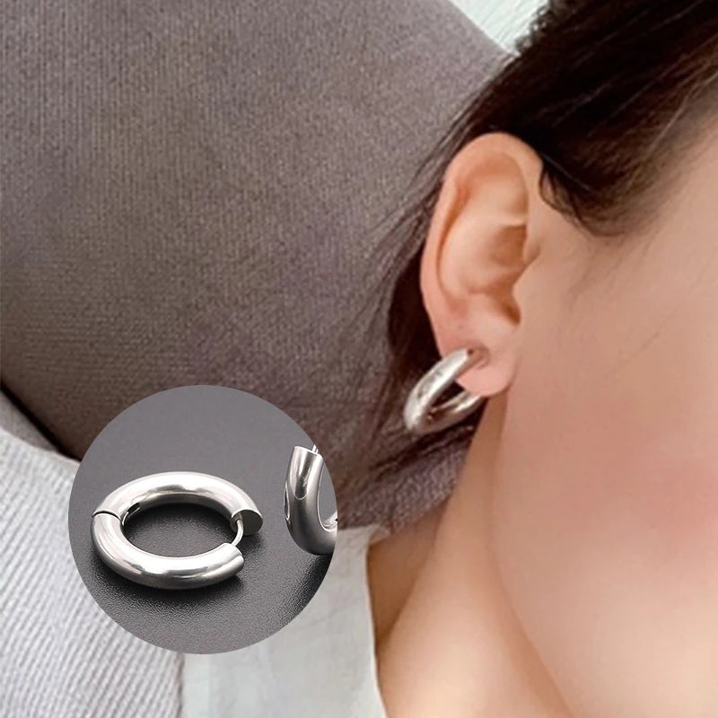 2pc Stainless Steel Small Hoop Earrings | Unisex Punk Hip Hop Huggie Earrings lifestyle view