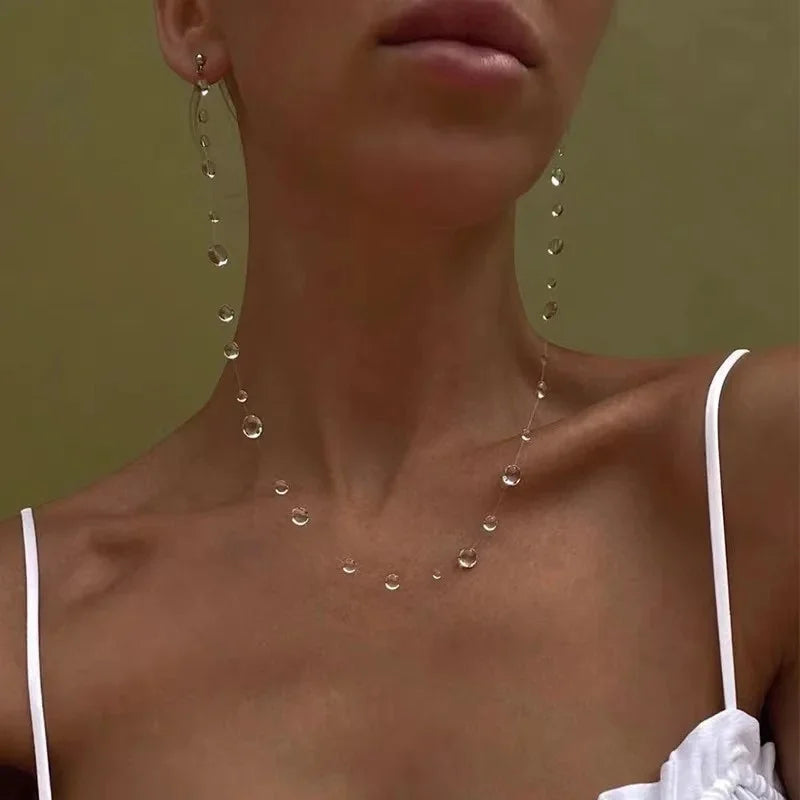 Simple Transparent Water Drop Clavicle Chain Thin Rope Beaded Tassel Earrings Necklac lifestyle view