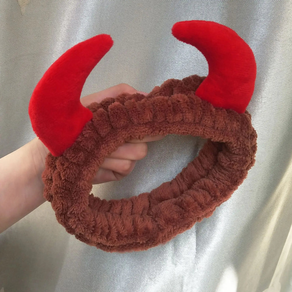 Cute Red Horns Elastic Hairbands for Women Wash Face Sport Soft Plush Rabbit Ears Head close-up view