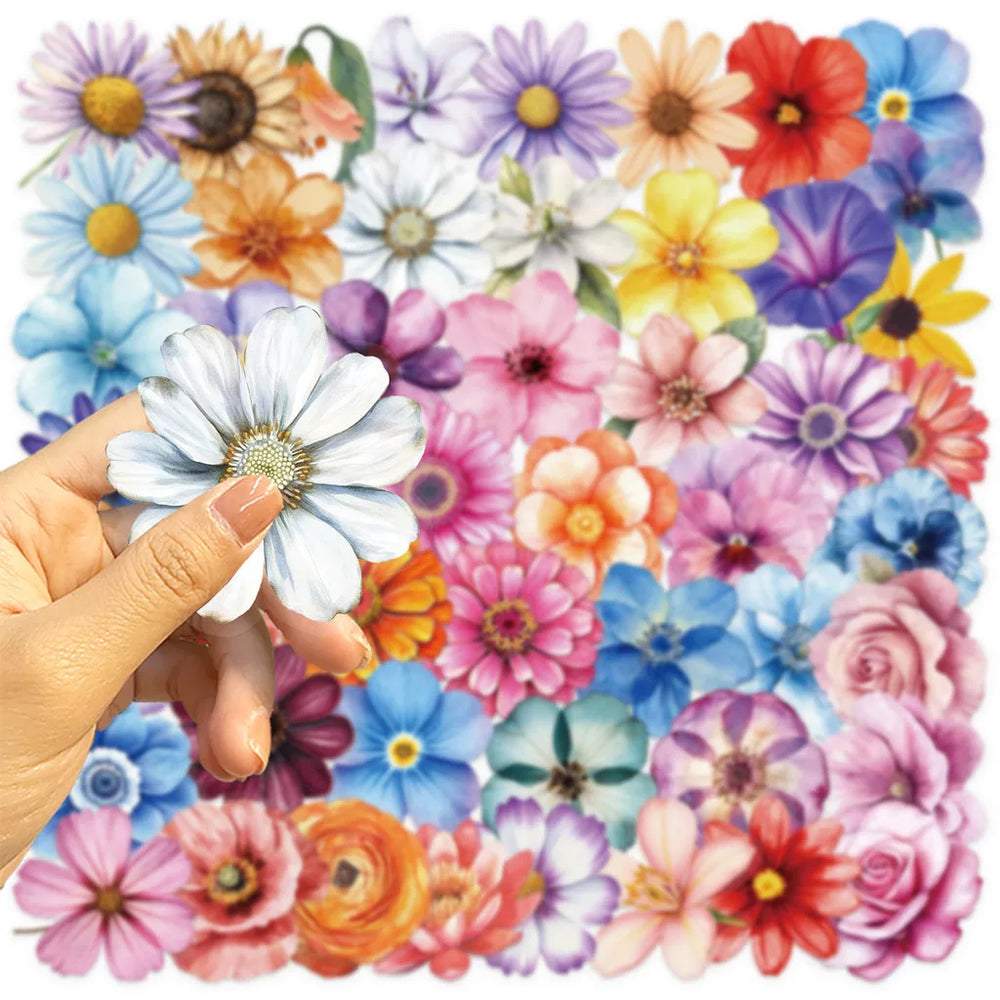 50Pcs Transparent Cartoon Floral Stickers | Waterproof PET Decor for Journals, Guitars close-up view