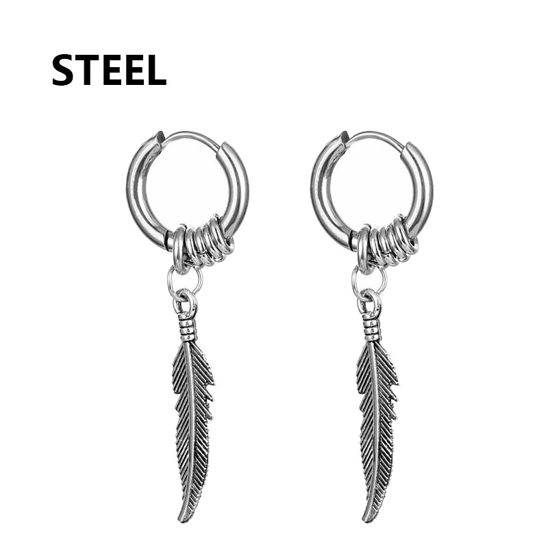 2PC Punk Men's Stainless Steel Hoop Earrings For Women Hip Hop Totem Earring For Men Ear detail view