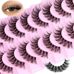 10 Pairs Natural Fluffy False Eyelashes | Wispy 3D Volume Strip Lashes with Clear Band