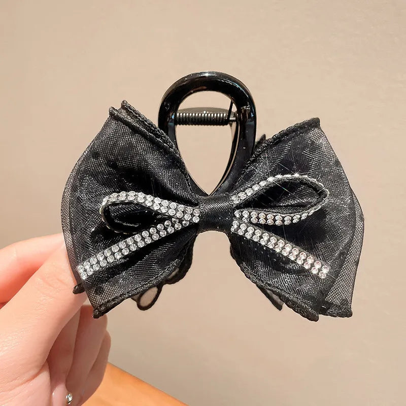 Mesh Bow Rhinestones Hair Clip for Women Elegant Hair Clamp Fashion Girl Ponytail Clip Hair Accessories