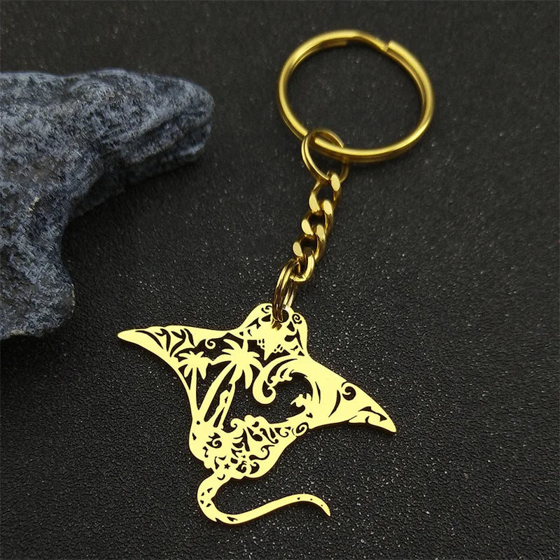 Manta Ray Sea Devil Fish Pendant Necklace | Stainless Steel Gold Silver Color Chain additional angle