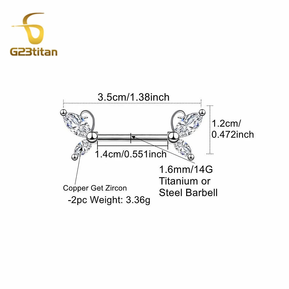 2pc Bohemia Silver Color Zircon Butterfly Nipple Rings G23 Titanium Straight Rod Boys lifestyle view
