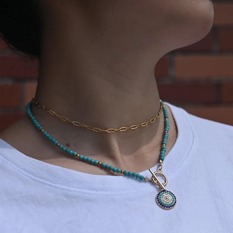 Colorful Stone Choker Necklace | Round Evil Charm Pendant for Women alternate view