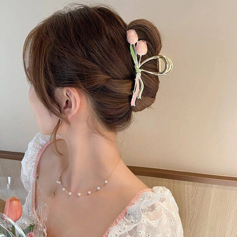 New Tulip Flower Hair Clip Back Head Grab Clip Fashion Ponytail Fixed Hairpins Simple Oversize Shark